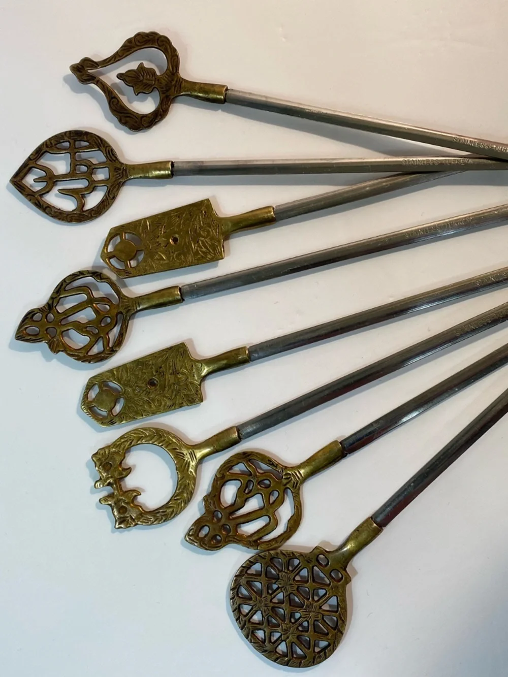 8 Vintage Sener Turkey Brass Stainless Steel Meat Skewers BBQ Grill Shish Kabobs